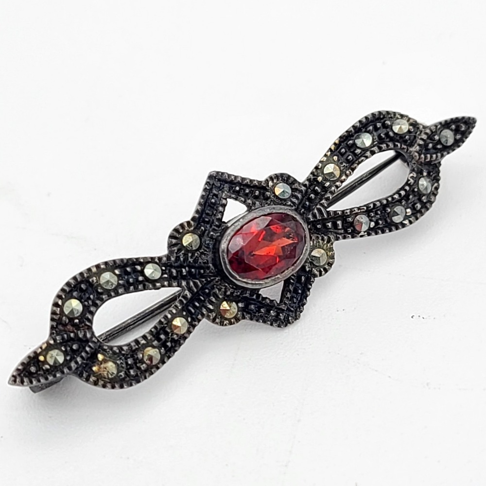 Vintage Sterling Silver Garnet Marcasite Filigree Pin Brooch 2" Long Marked 925